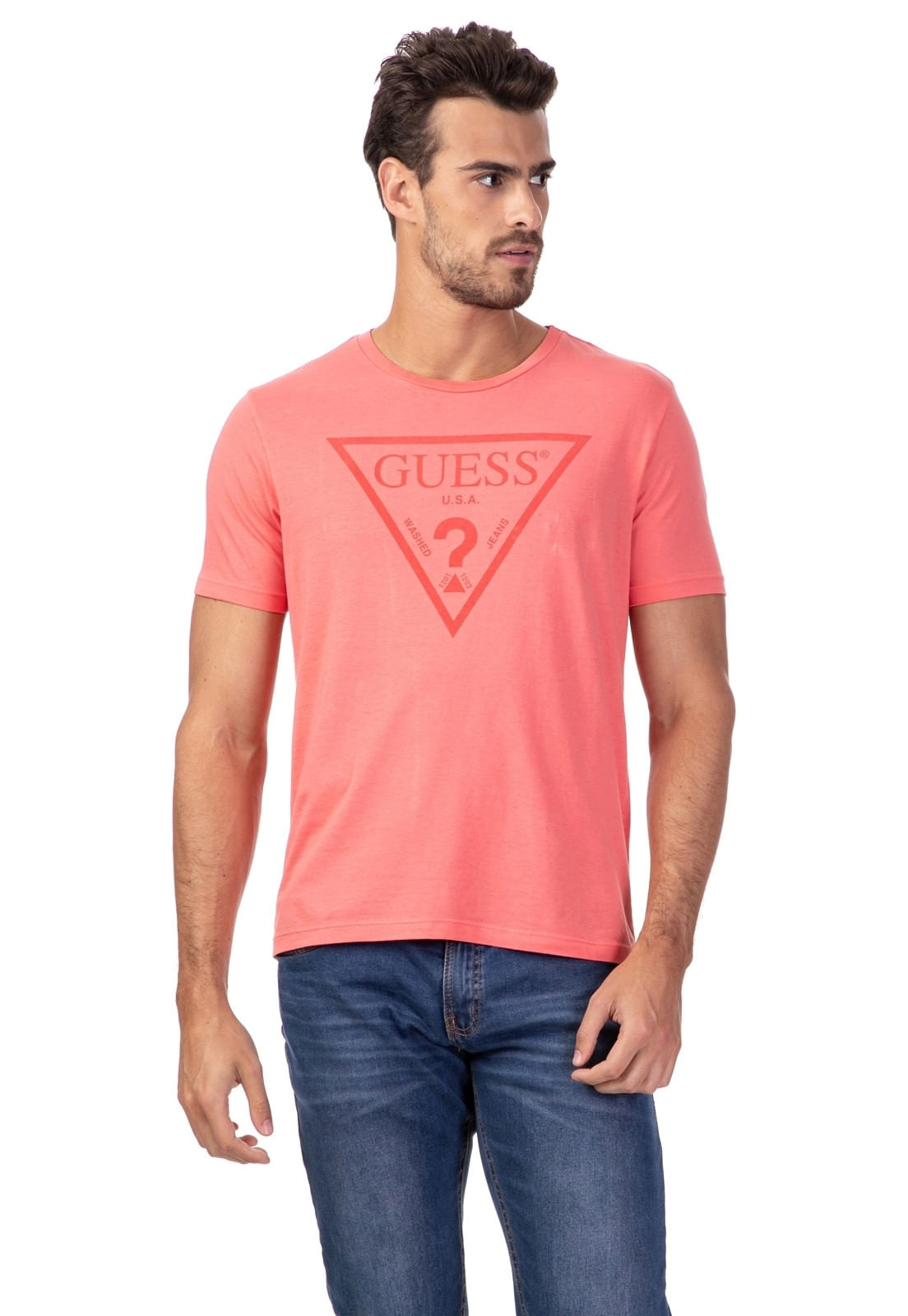 Camiseta Logo Triangulo Relevo Guess Coral
