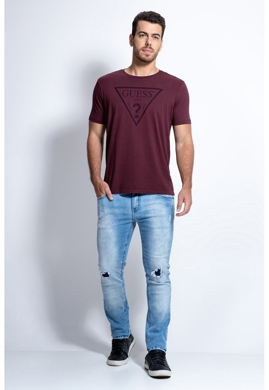 Calça Jeans Skinny Rasgos E Patch Guess Azul Claro - Imagem 37