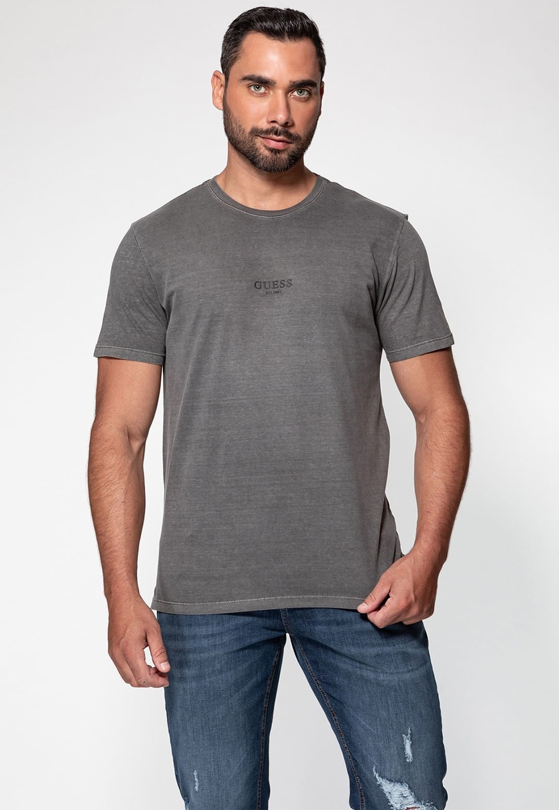Camiseta Guess Silk Laser Estonada Cinza Escuro
