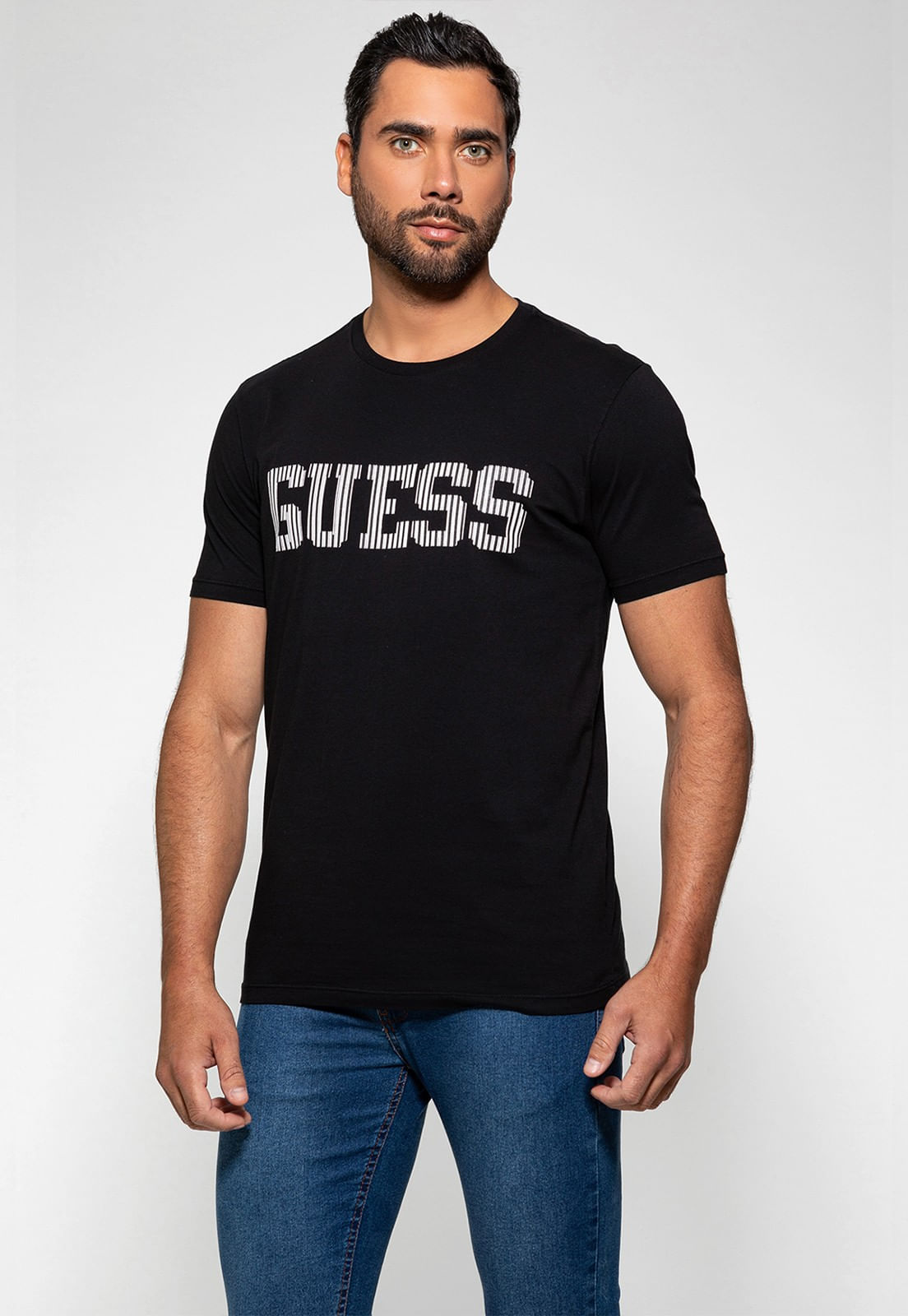 Camiseta Logo Listrado Guess Preto