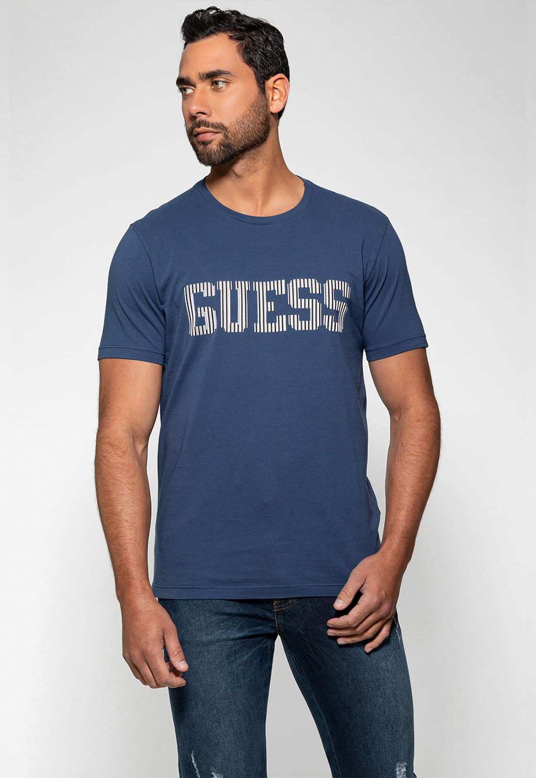 Camiseta Logo Listrado Guess Azul Escuro