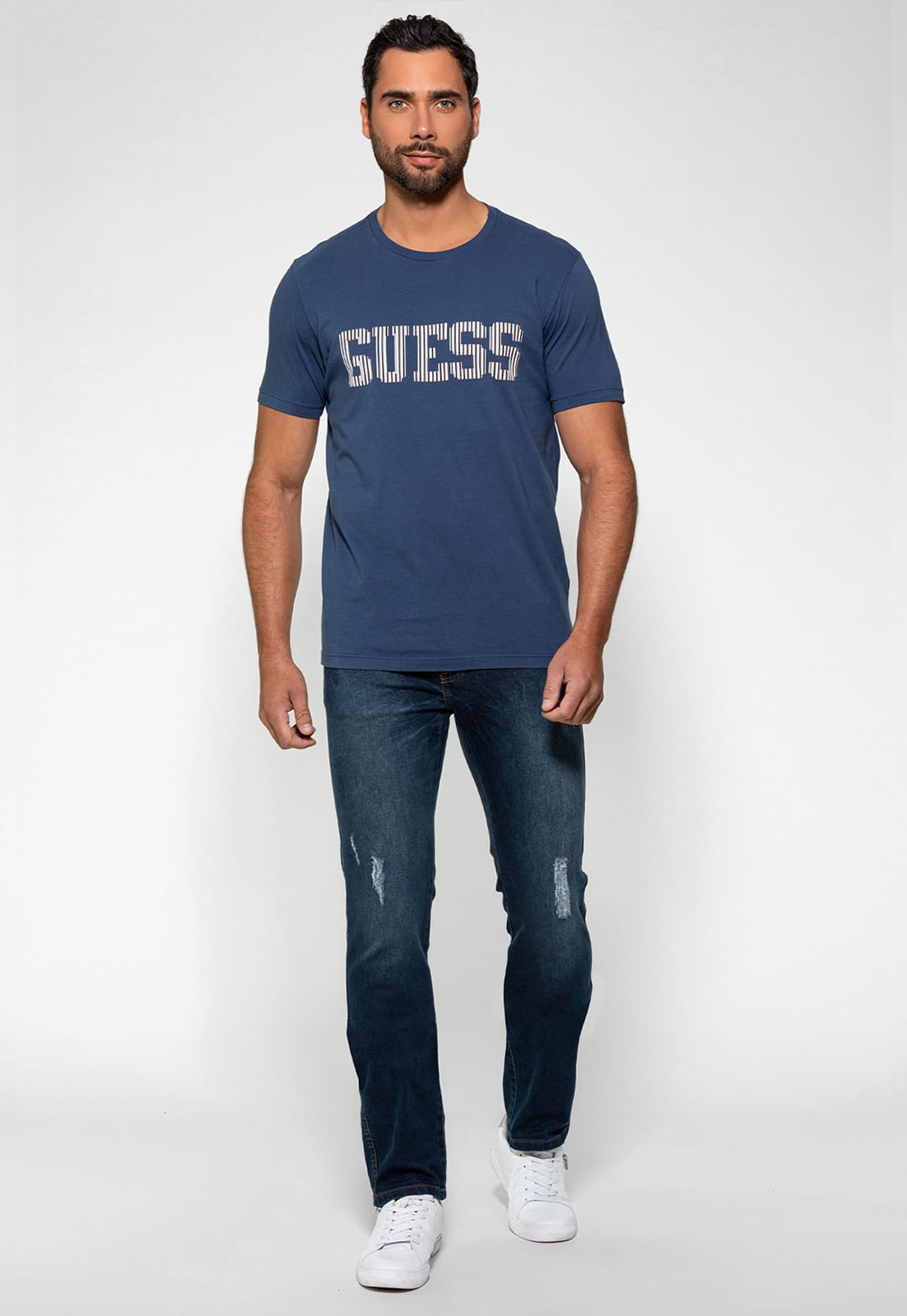 Camiseta Logo Listrado Guess Azul Escuro - Imagem 7