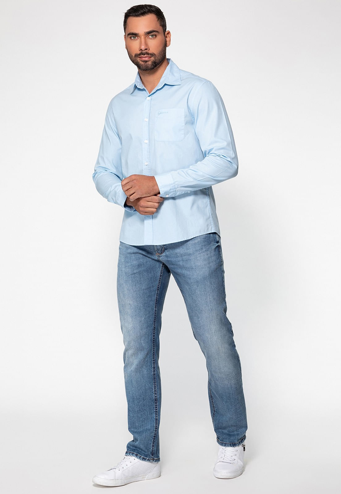 Camisa Manga Longa Bolso Bordado Azul Claro - Imagem 2