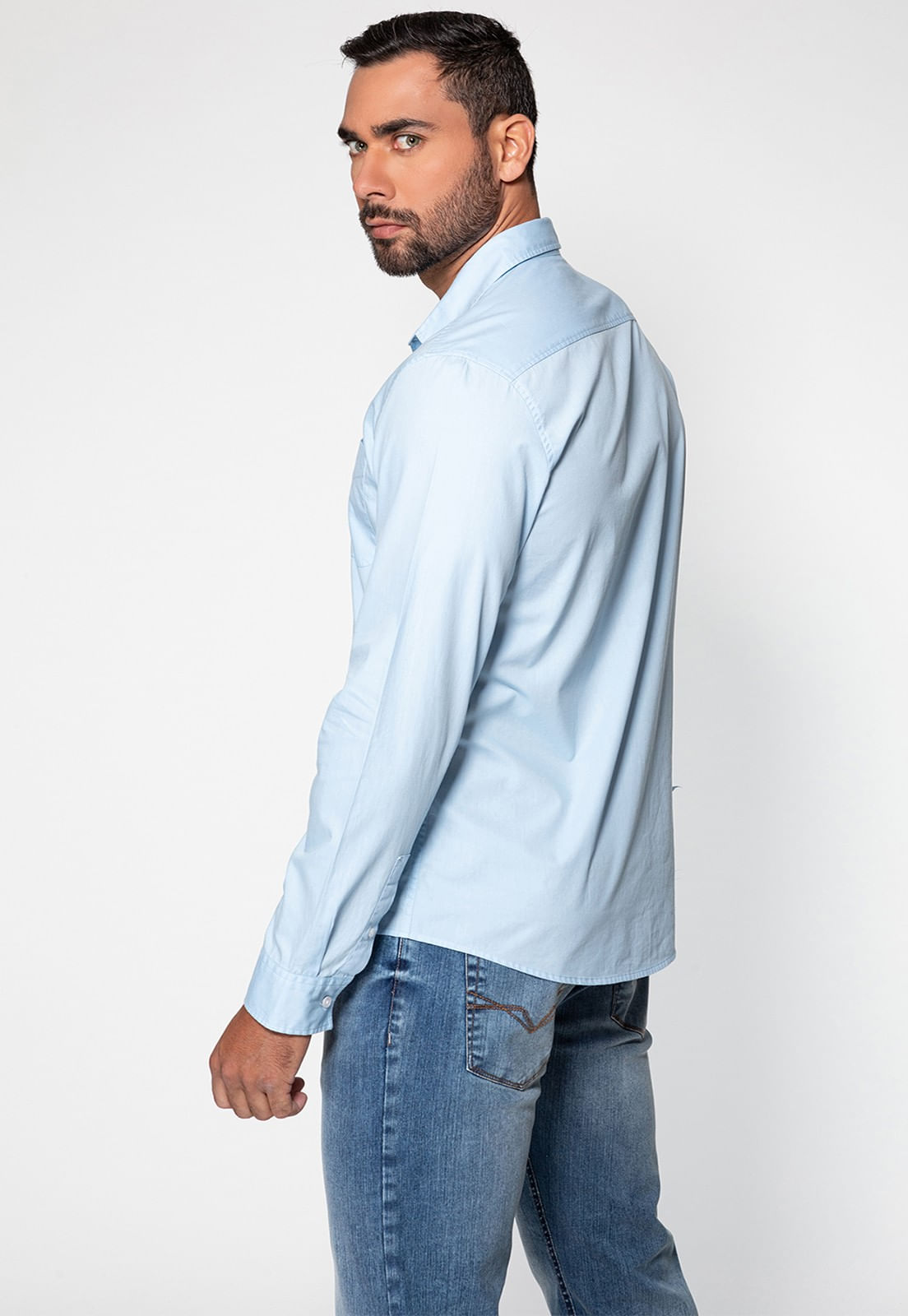 Camisa Manga Longa Bolso Bordado Azul Claro - Imagem 9