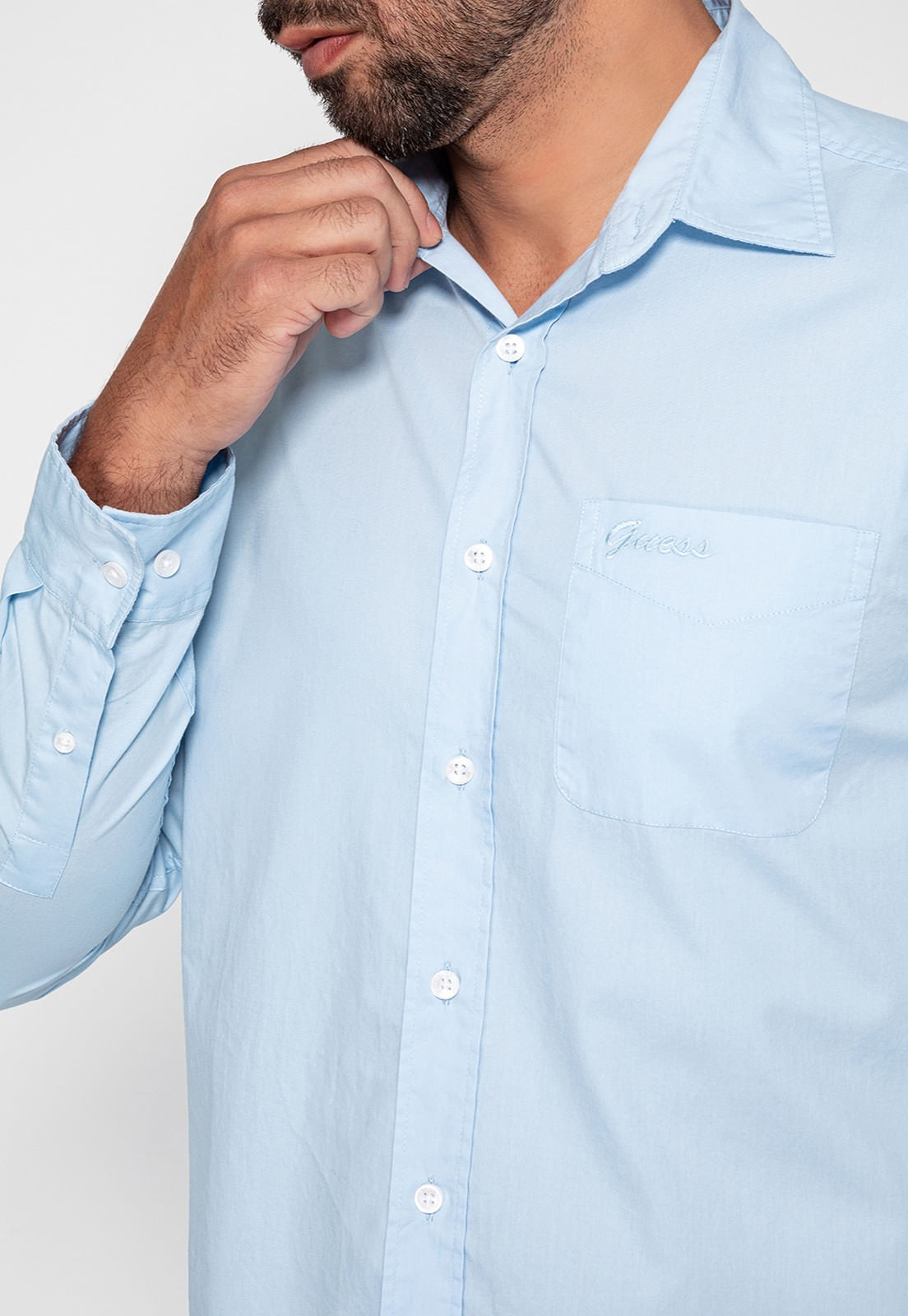 Camisa Manga Longa Bolso Bordado Azul Claro - Imagem 13