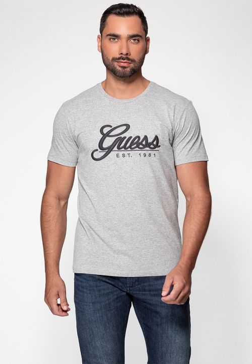 Camiseta Guess Bordado Cursivo Cinza