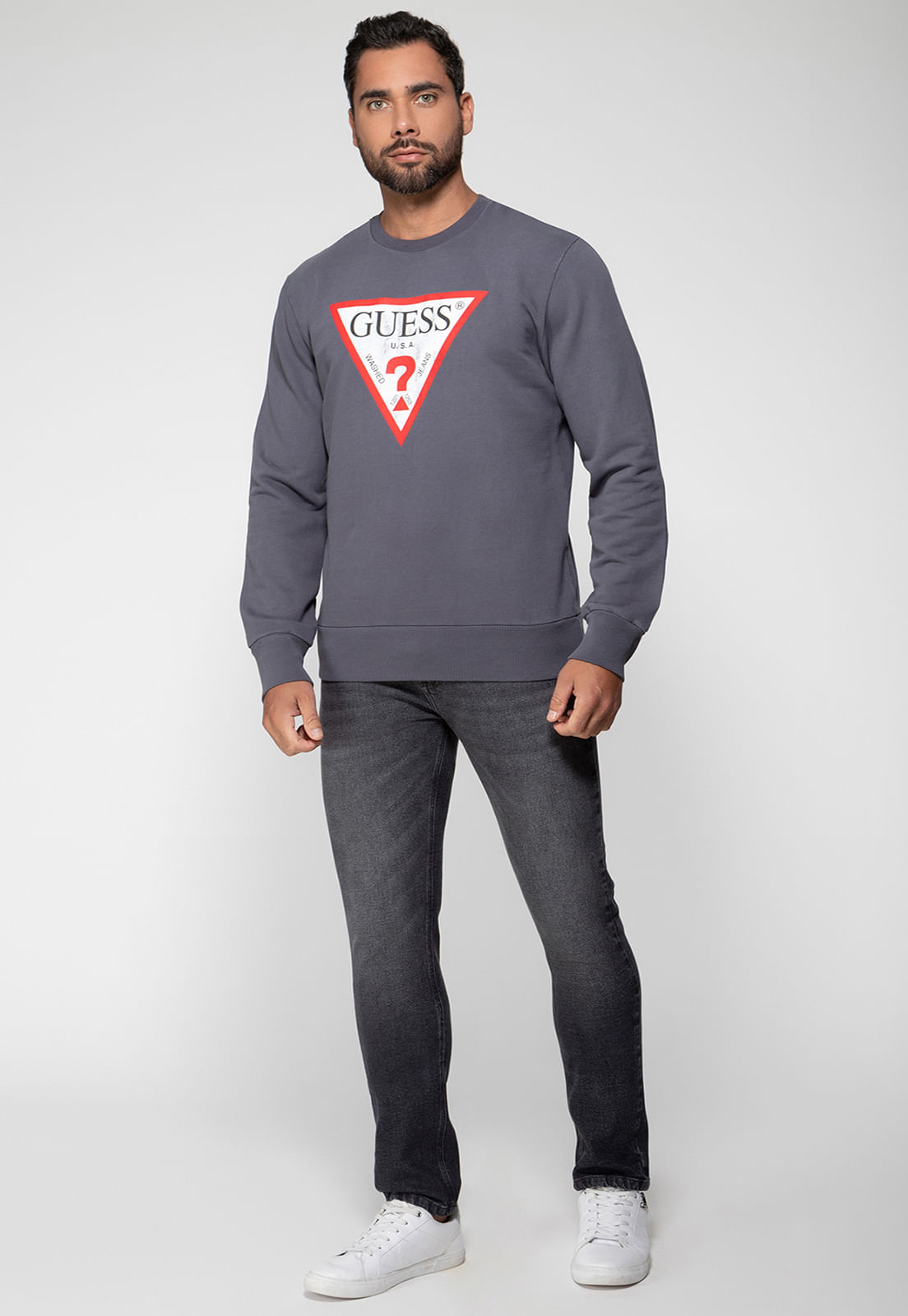 Blusa de Moletom Logo Degastado Guess Cinza