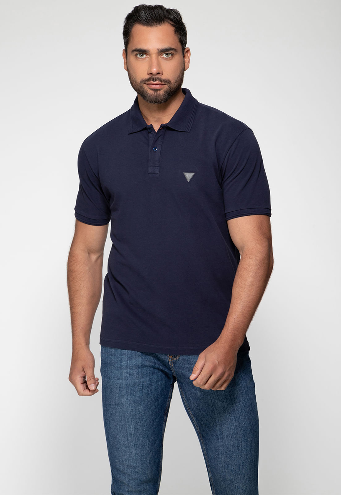 Camisa Polo Guess Silk Gola Azul Escuro