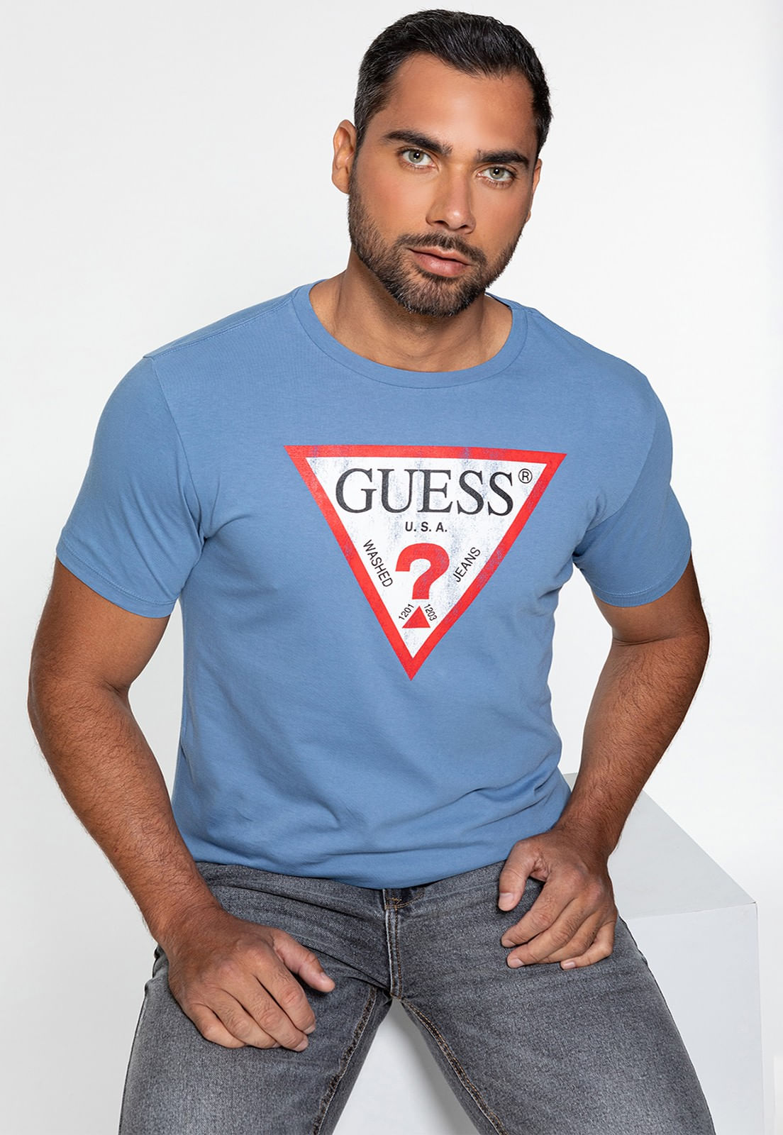 Camiseta Guess Triang Desgastado Azul - Imagem 5