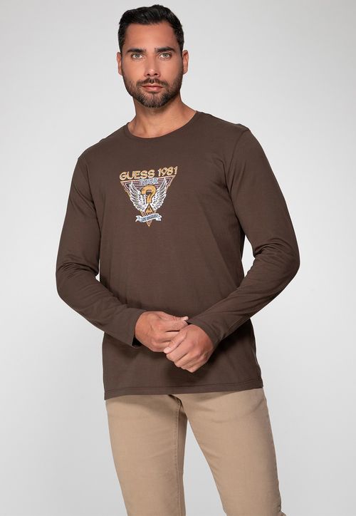 Camiseta Manga Longa Guess Tour Marrom