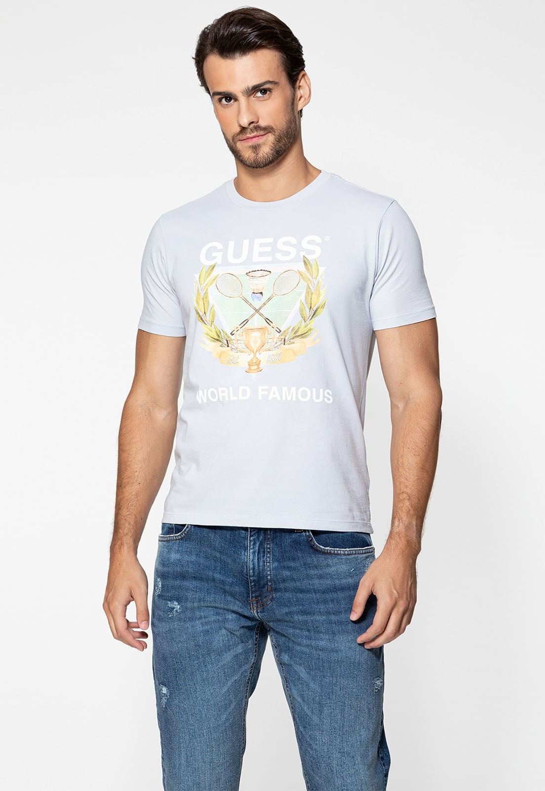 Camiseta Guess Silk Badminton Cinza Claro