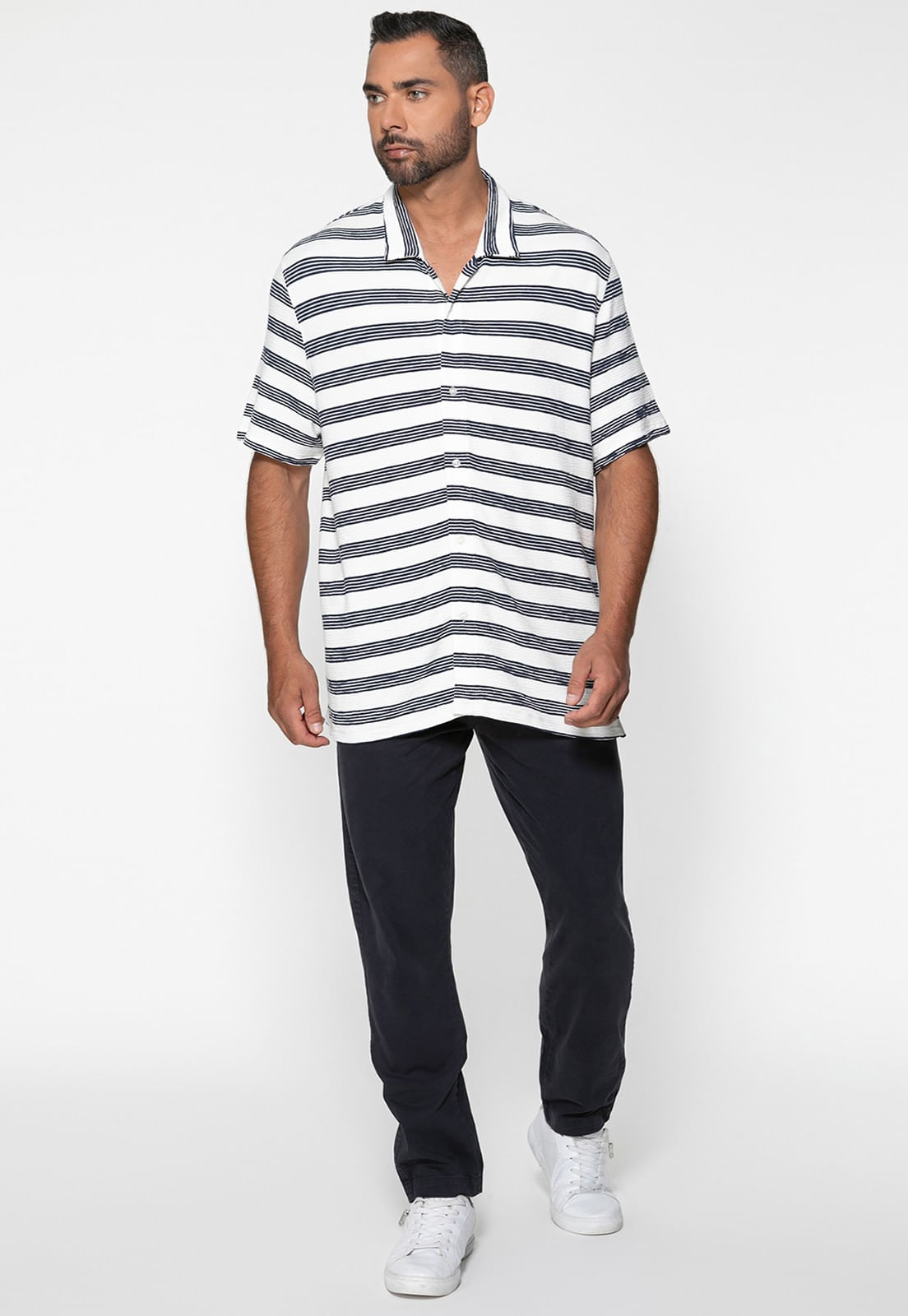 Camisa de Malha Manga Curta Listrada Azul Marinho - Imagem 6