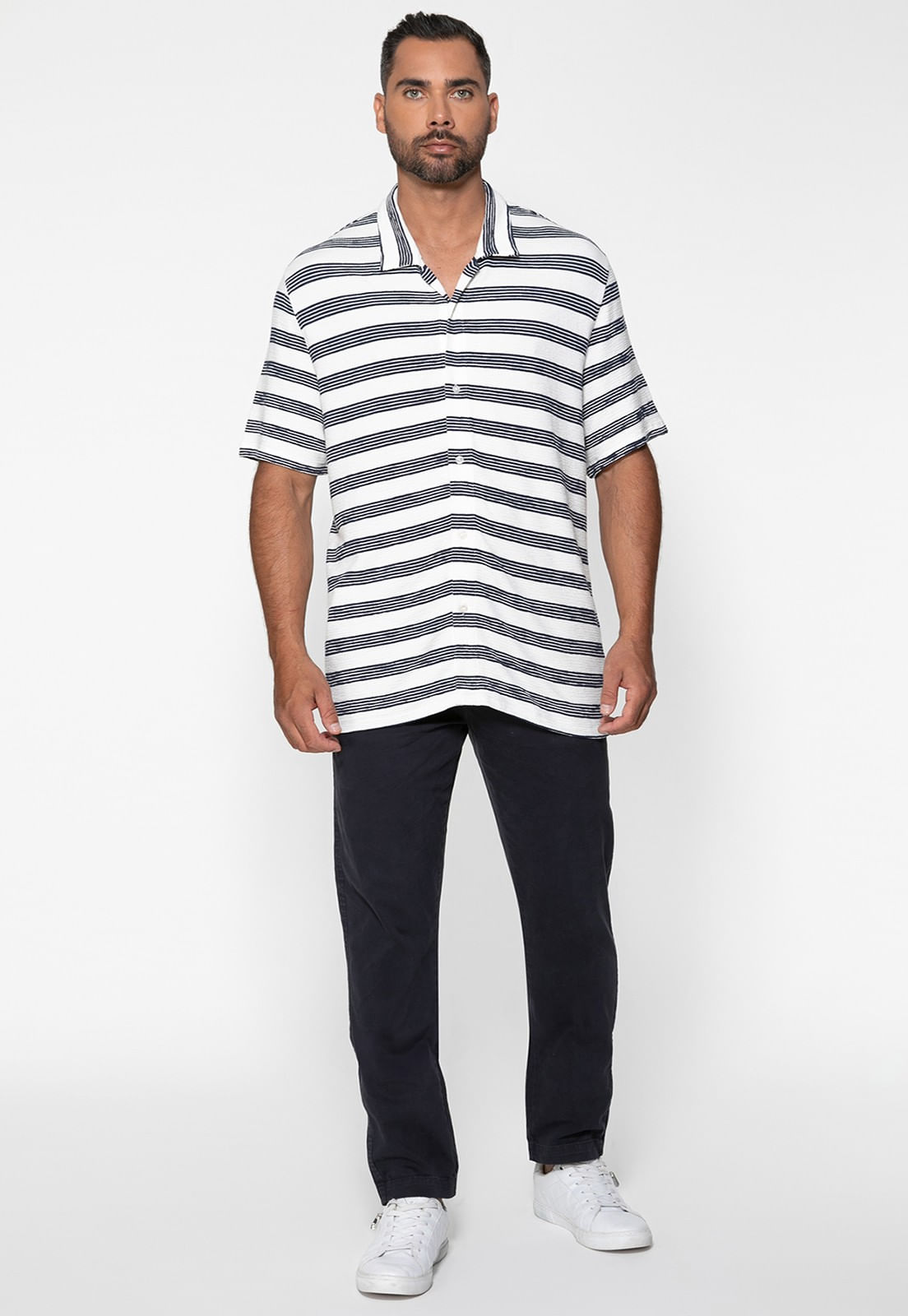 Camisa de Malha Manga Curta Listrada Azul Marinho - Imagem 9