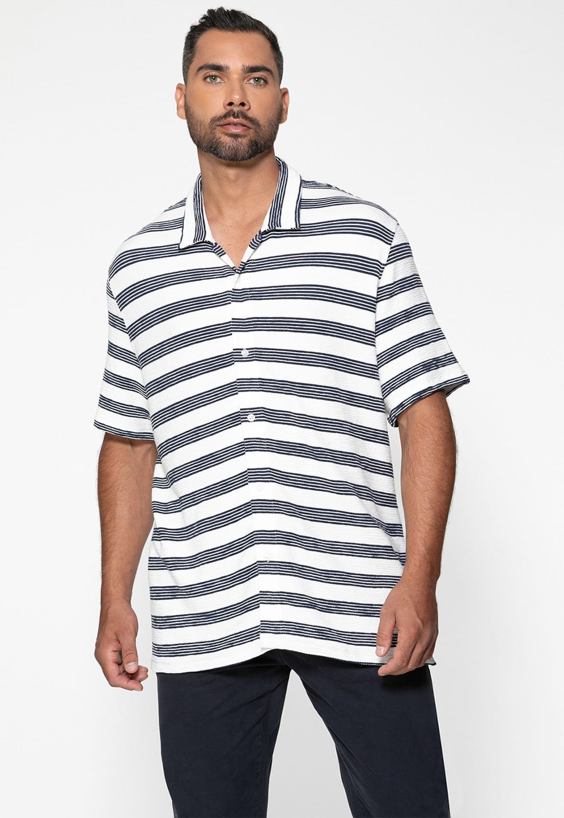 Camisa de Malha Manga Curta Listrada Azul Marinho - Imagem 15