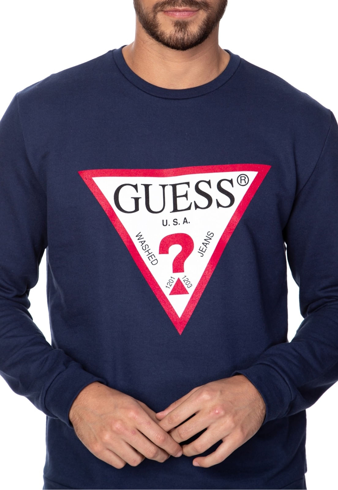 Blusa de Moletom Gola Careca Guess Azul Escuro - Imagem 3