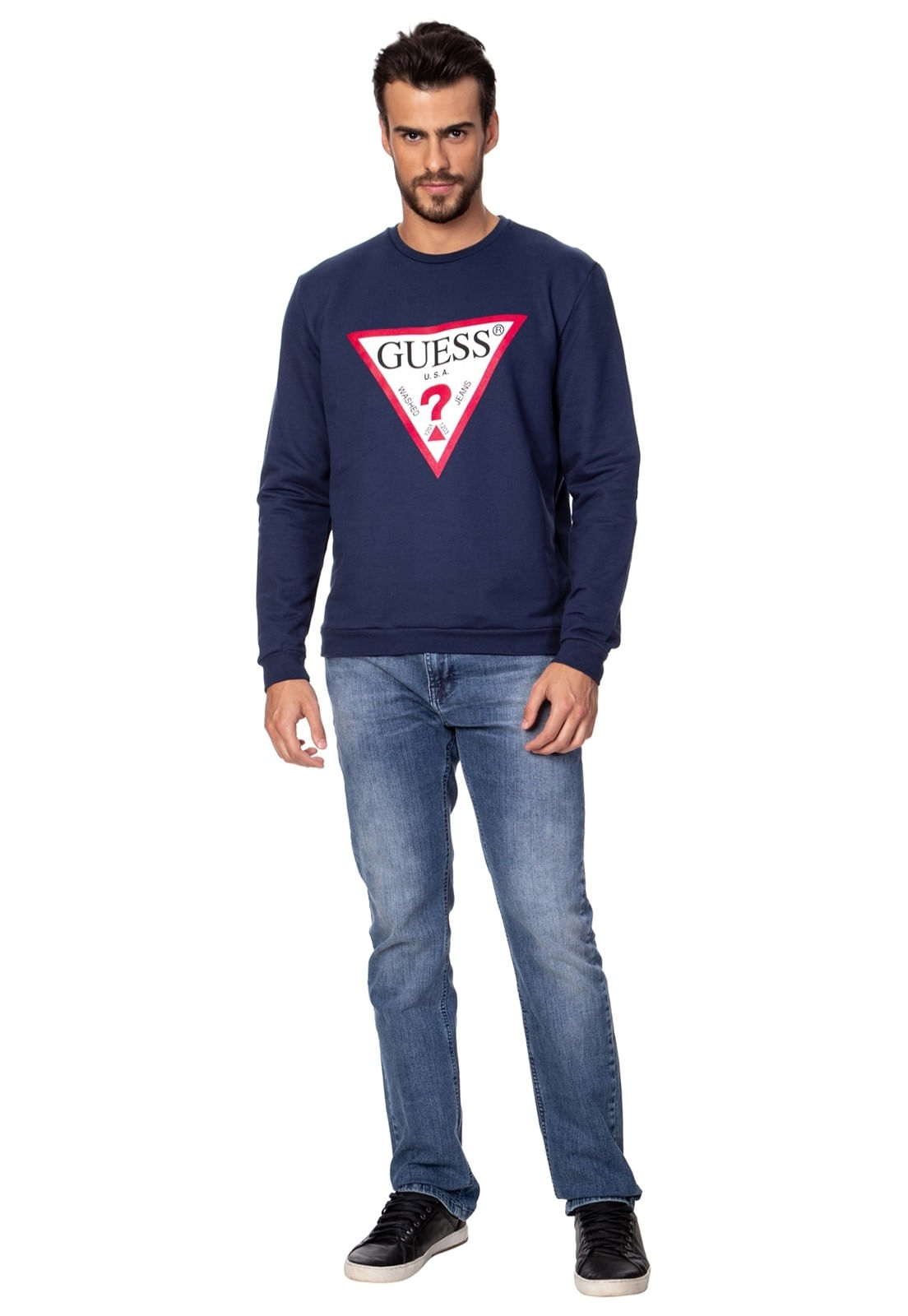 Blusa de Moletom Gola Careca Guess Azul Escuro - Imagem 10