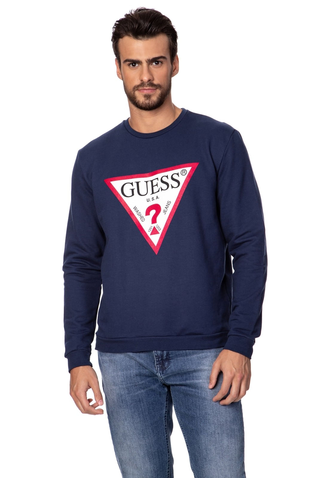 Blusa de Moletom Gola Careca Guess Azul Escuro - Imagem 13