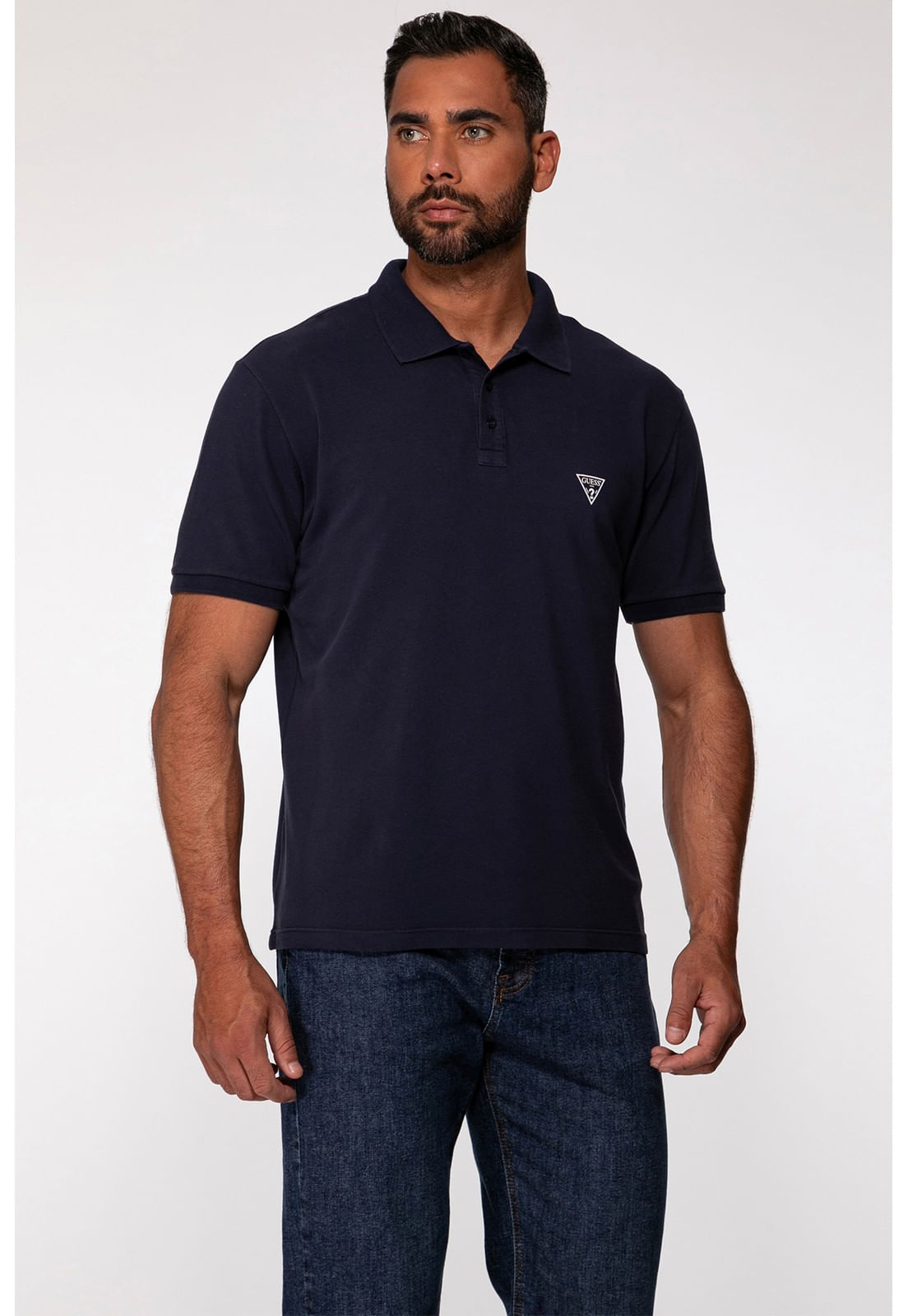 Camisa Polo Silk Triangulo Pq Puff Guess Azul Escuro