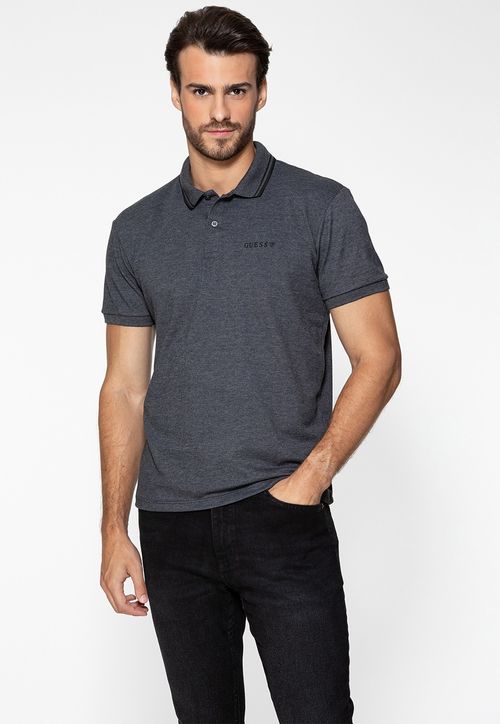 Camisa Polo Guess Silk Peito Frisos Gola Cinza Escuro