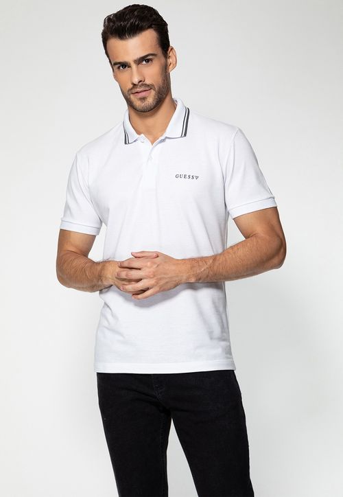 Camisa Polo Guess Silk Peito Frisos Gola Branco