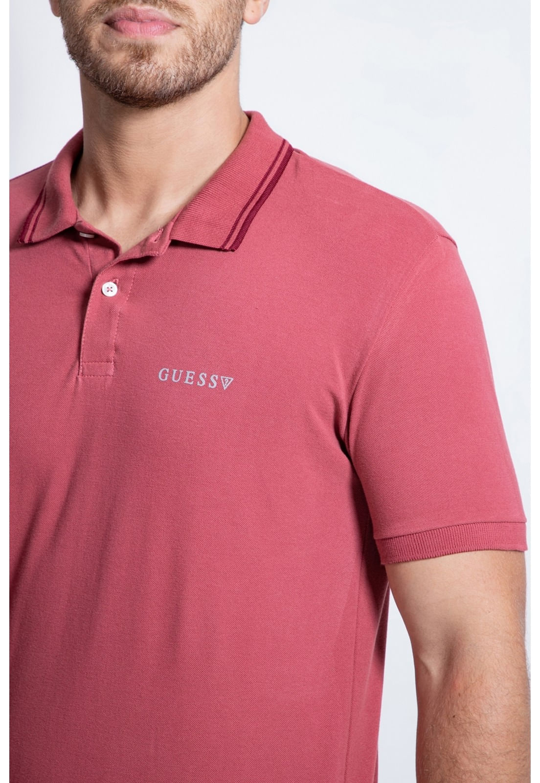 Camisa Polo Piquet Jacquard Gola Guess Rosa - Imagem 19