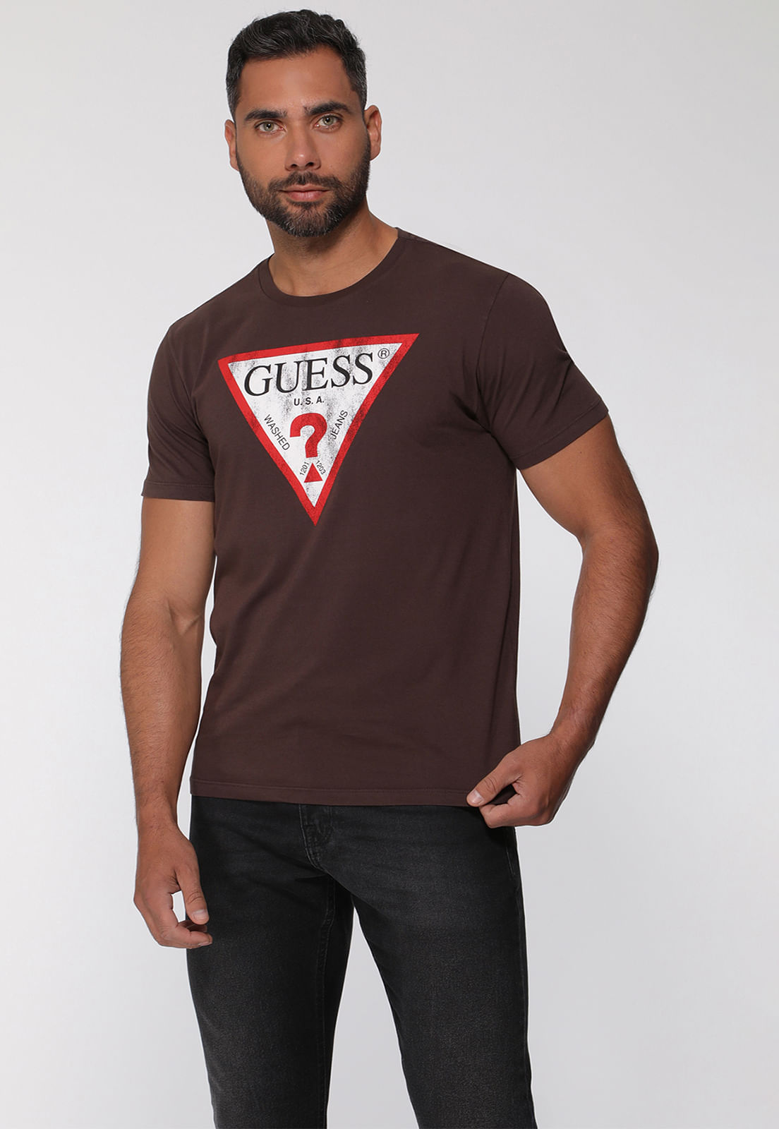 Camiseta Guess Triang Desgastado Marrom