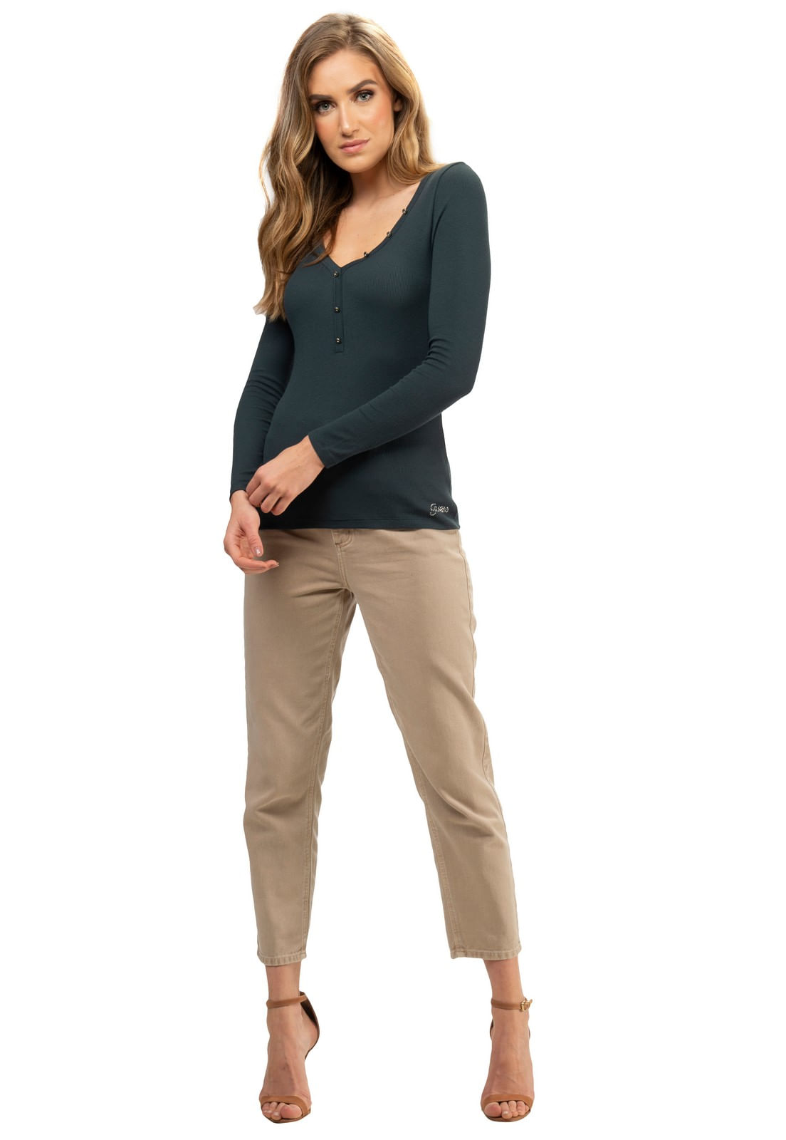 Blusa Manga Longa Rib Botões Metal Guess Verde Escuro - Imagem 2