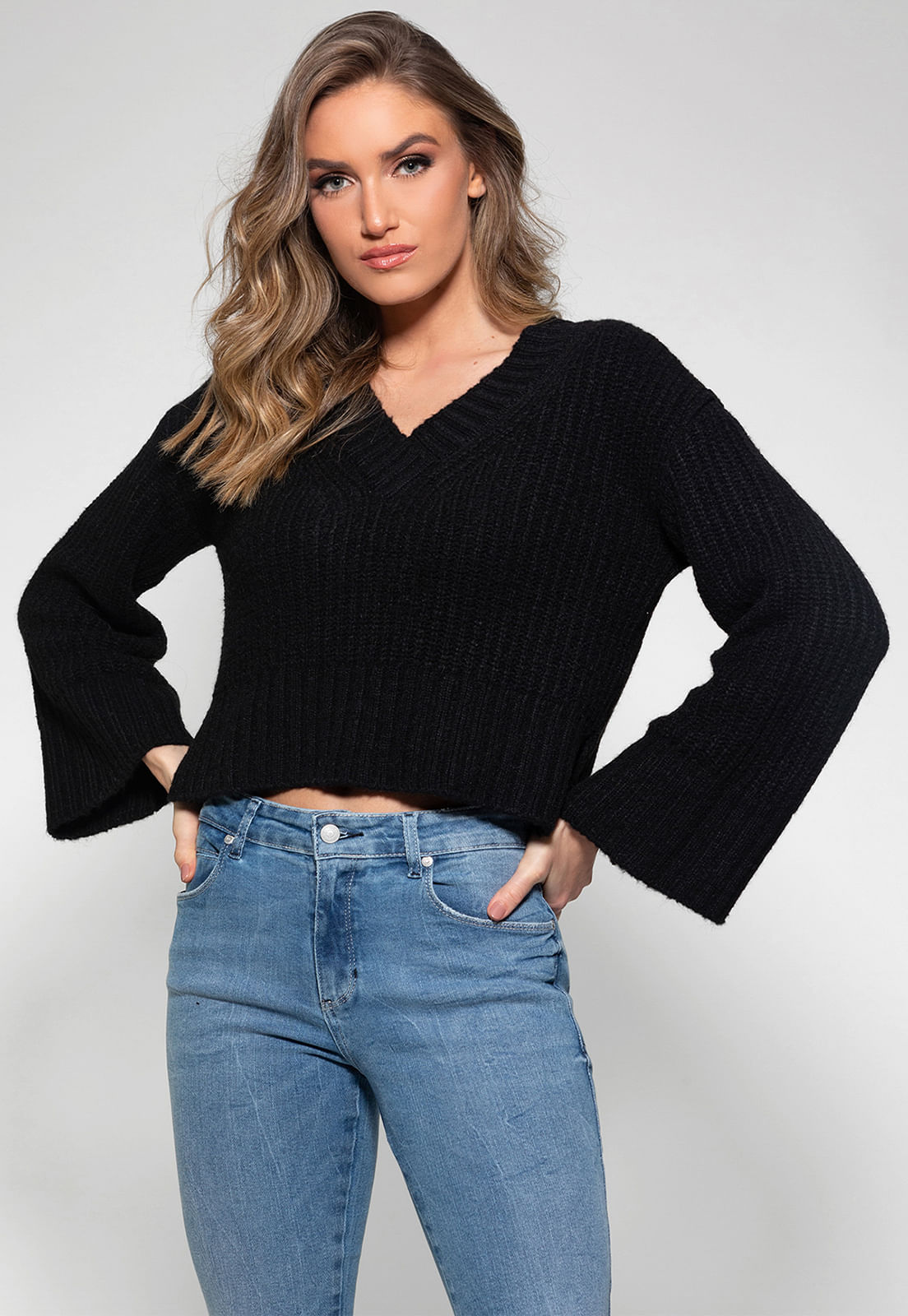 Blusa Tricot Gola V Guess Preto