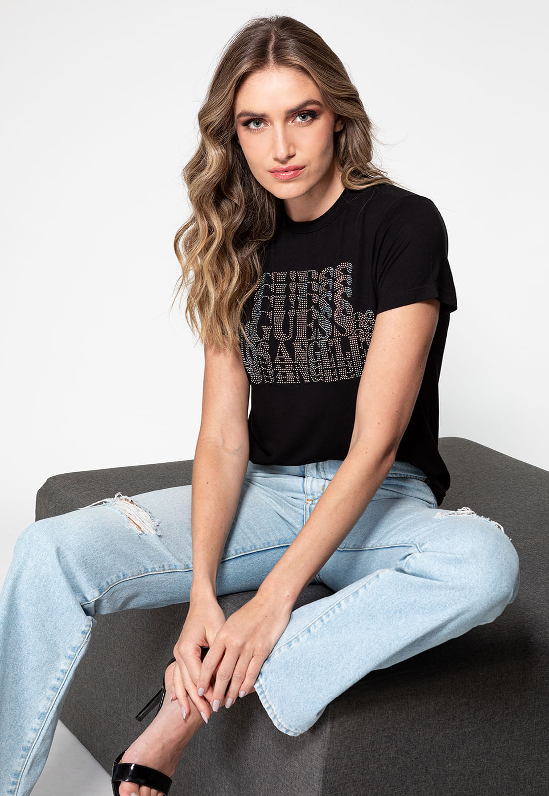 Camiseta Logo Cascata Hotfix Guess Preto - Imagem 17