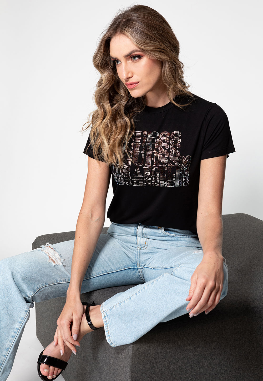 Camiseta Logo Cascata Hotfix Guess Preto - Imagem 18