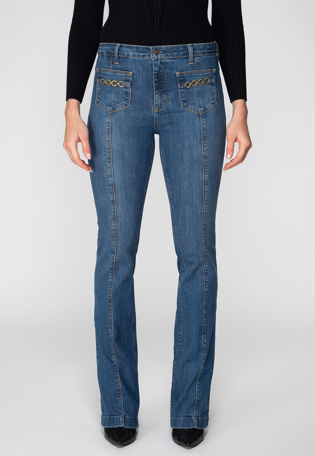 Calça Jeans Boot Cut Bolso Corrente Azul - Imagem 29