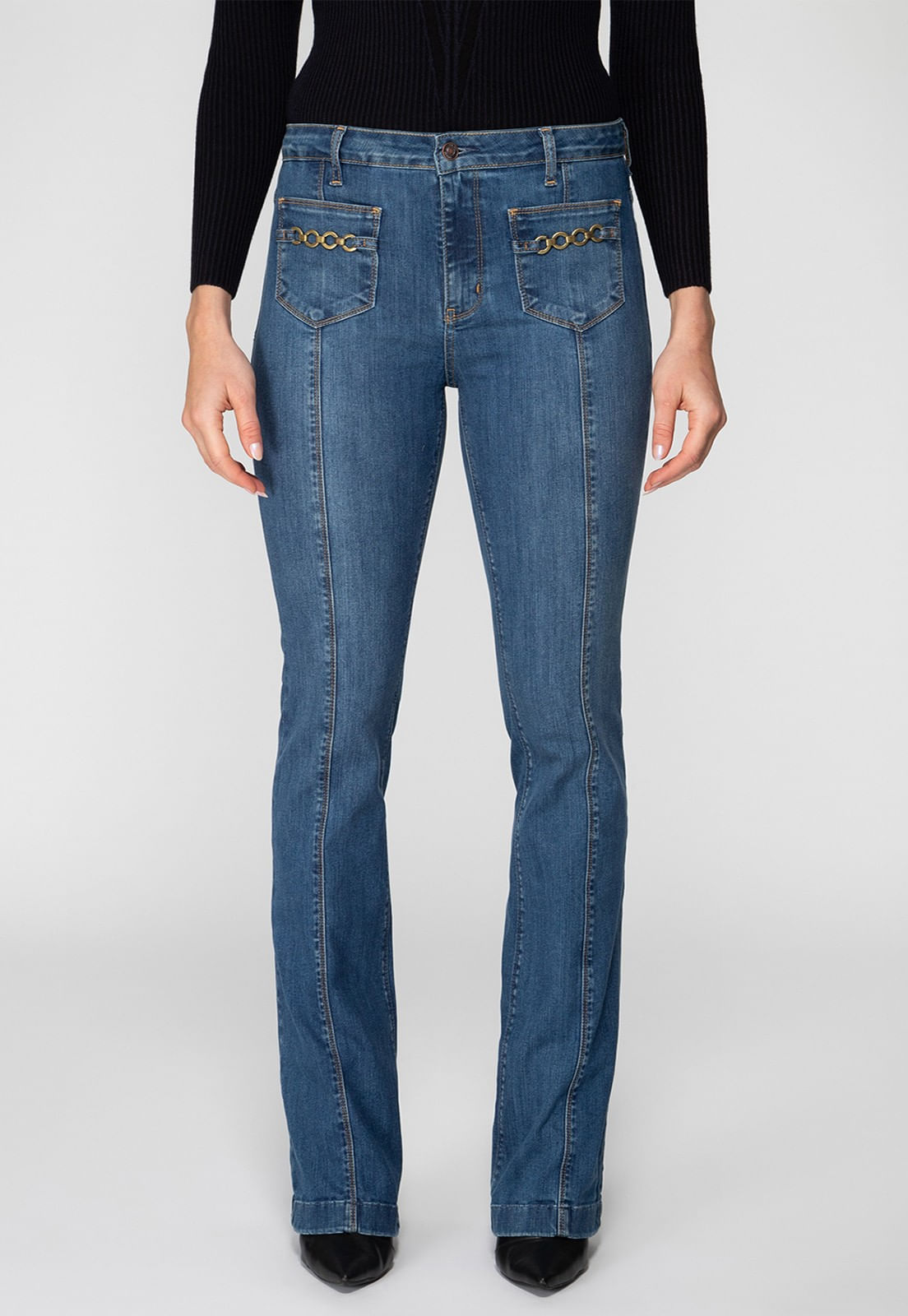 Calça Jeans Boot Cut Bolso Corrente Azul - Imagem 77