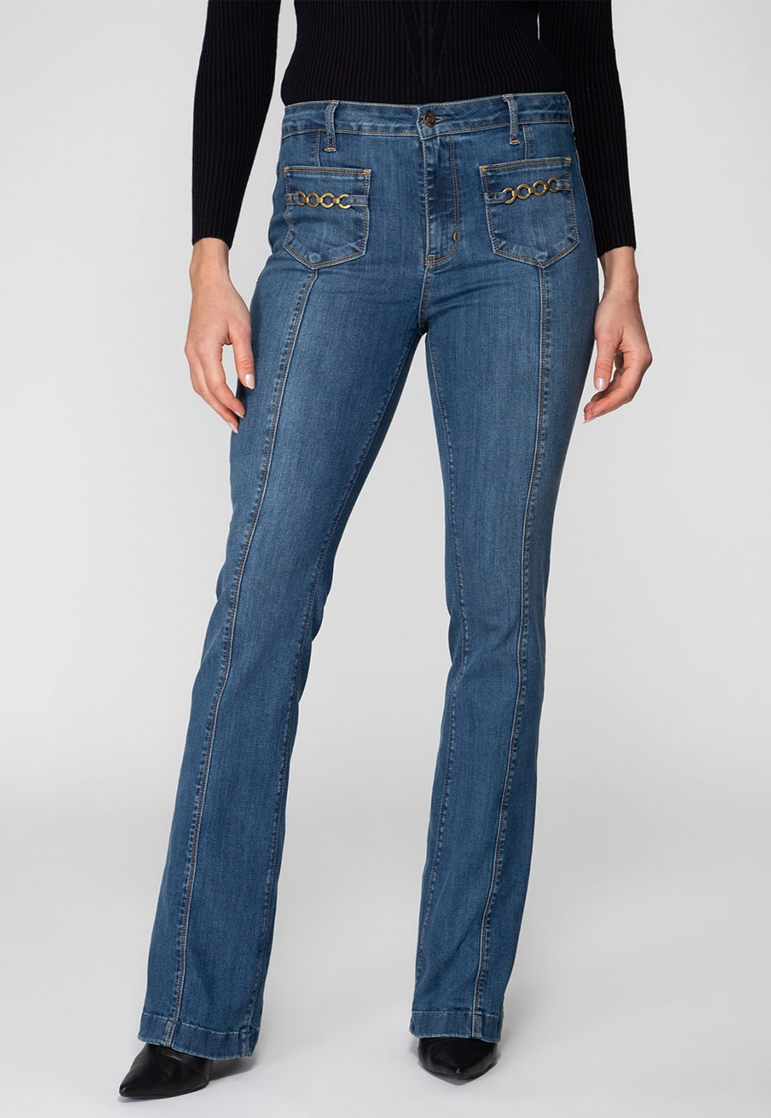 Calça Jeans Boot Cut Bolso Corrente Azul - Imagem 79