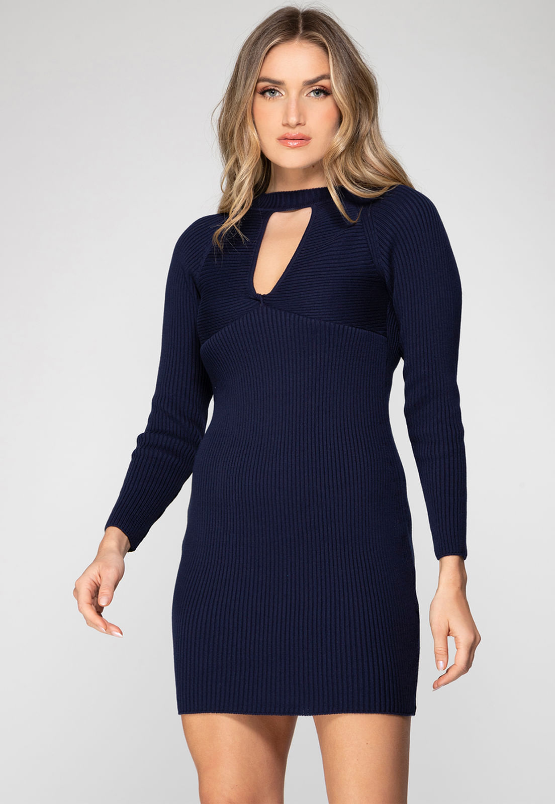 Vestido de Tricot Decote Canelado Azul Escuro - Imagem 7