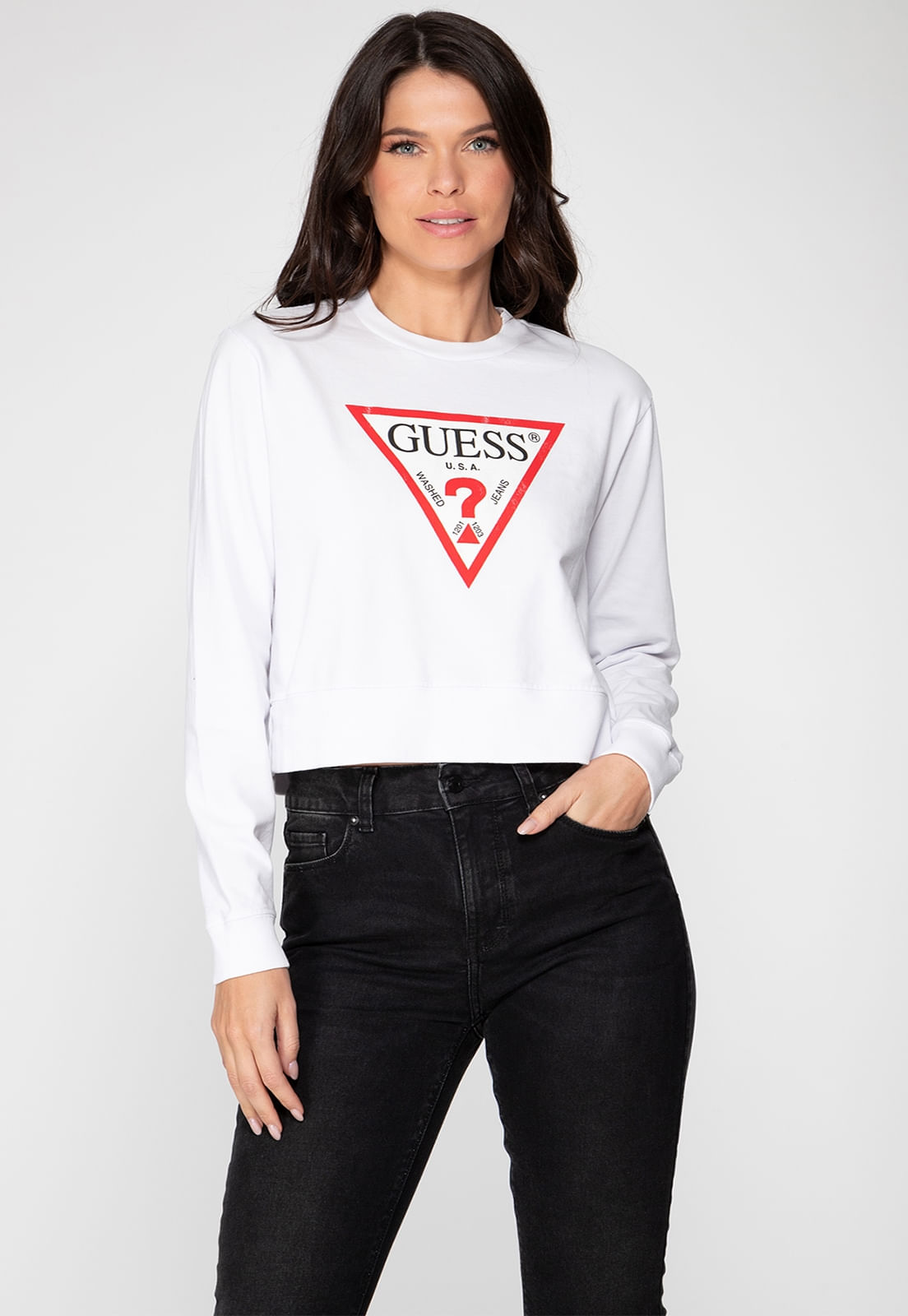 Blusa de Moletom Guess Triang Trad Desgastado Branco - Imagem 7