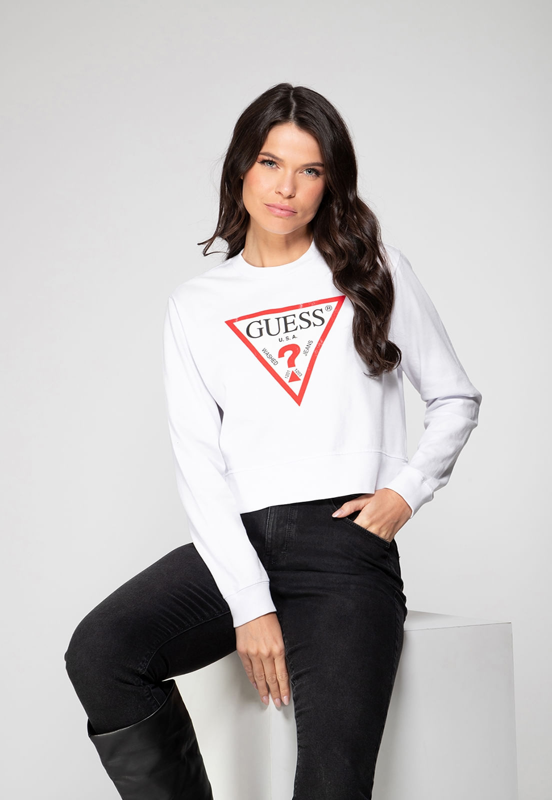 Blusa de Moletom Guess Triang Trad Desgastado Branco - Imagem 23