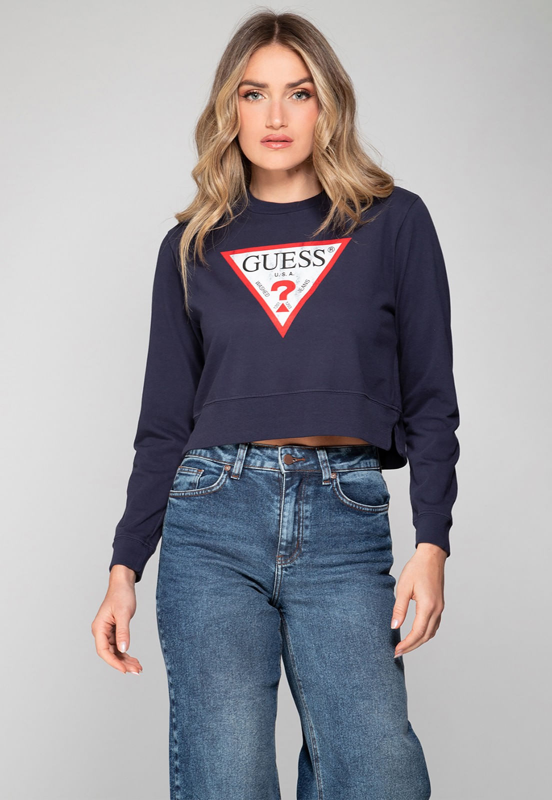 Blusa de Moletom Guess Triang Trad Desgastado Azul Escuro