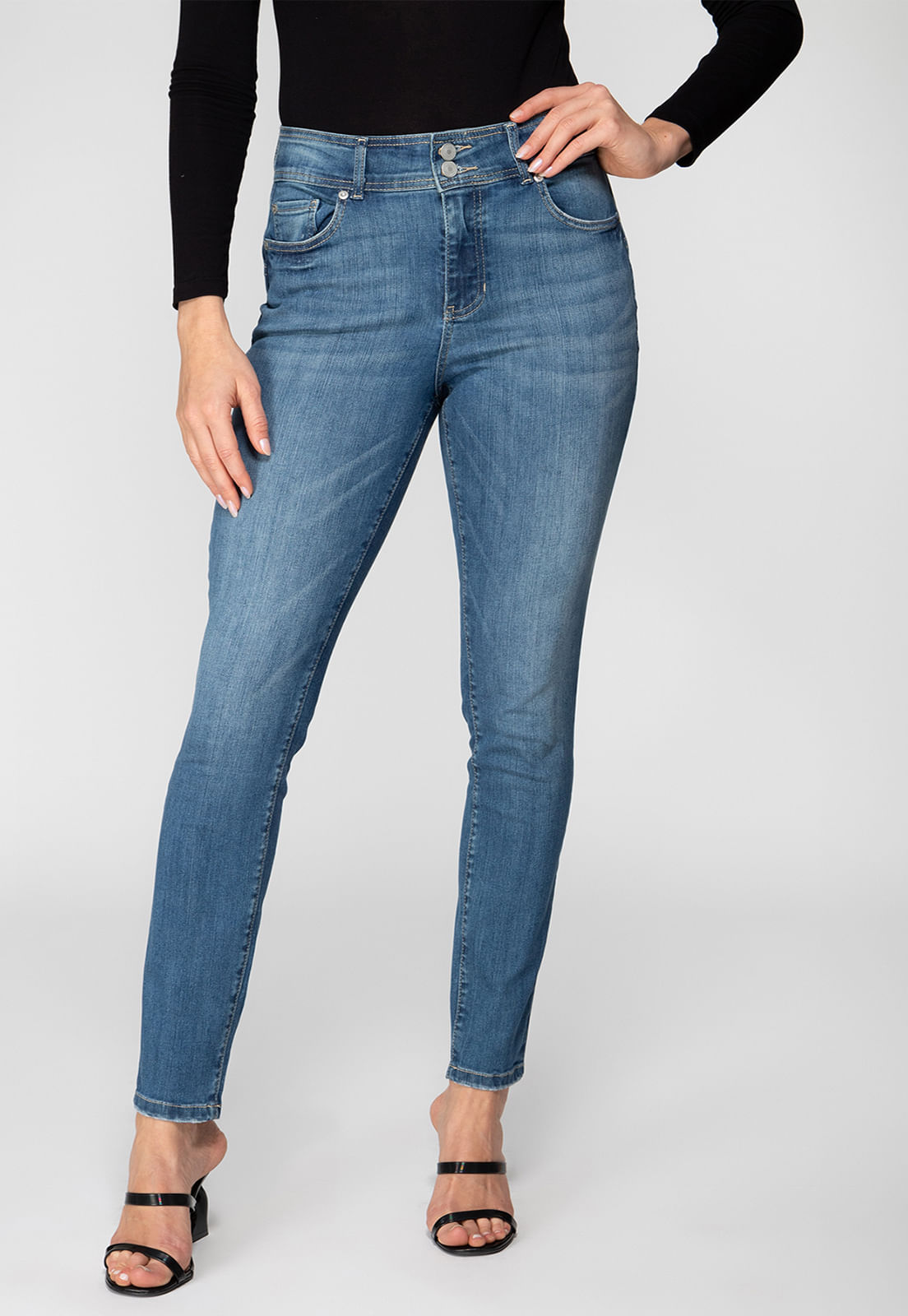 Calça Jeans High Rise Skinny Botão Duplo Azul