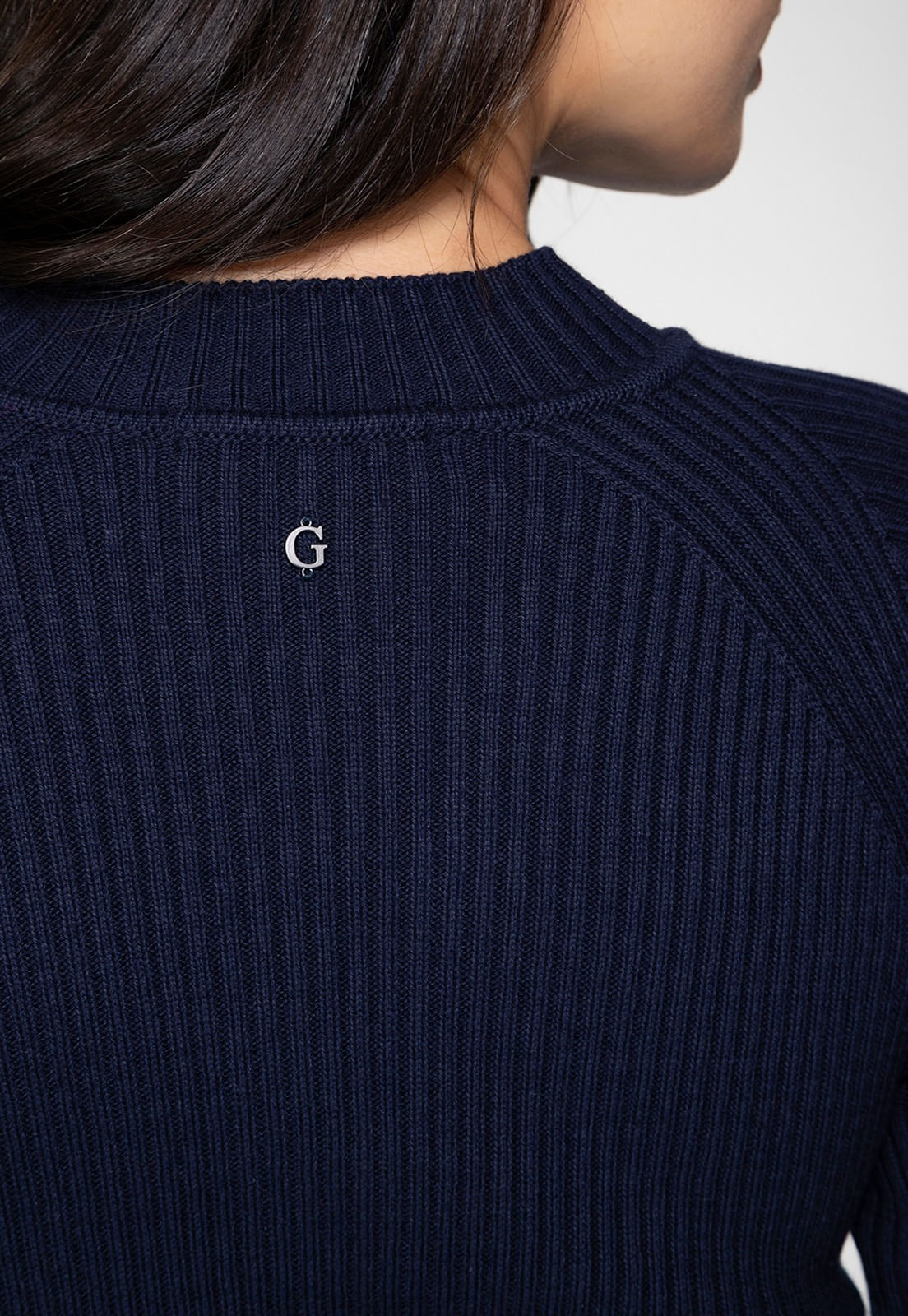 Blusa de Tricot Decote Canelado Azul Escuro - Imagem 4