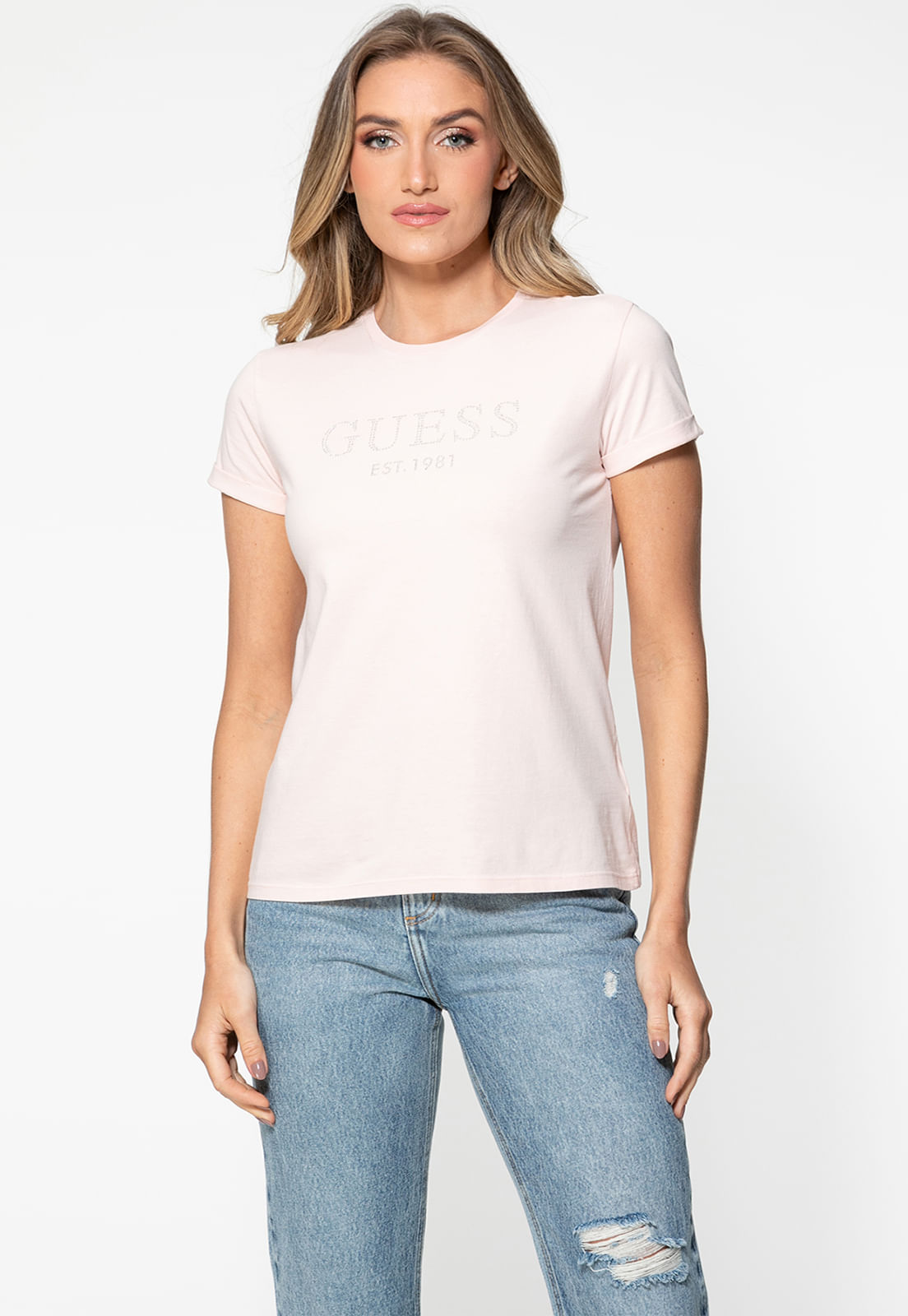 Camiseta Guess Manga Dobrada Hotfix Rosa Claro - Imagem 43
