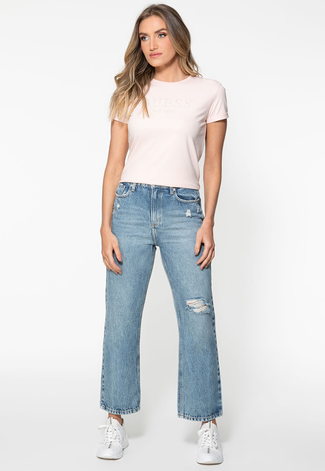 Camiseta Guess Manga Dobrada Hotfix Rosa Claro - Imagem 117