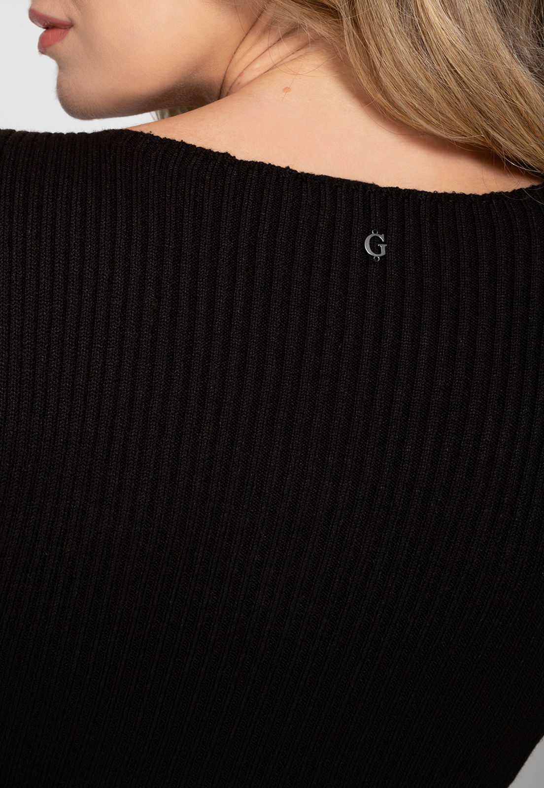 Vestido de Tricot Canelado Decote Transpassado Preto - Imagem 43