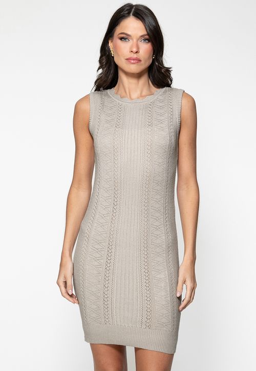 Vestido Tricot Ponto Vazado Bege
