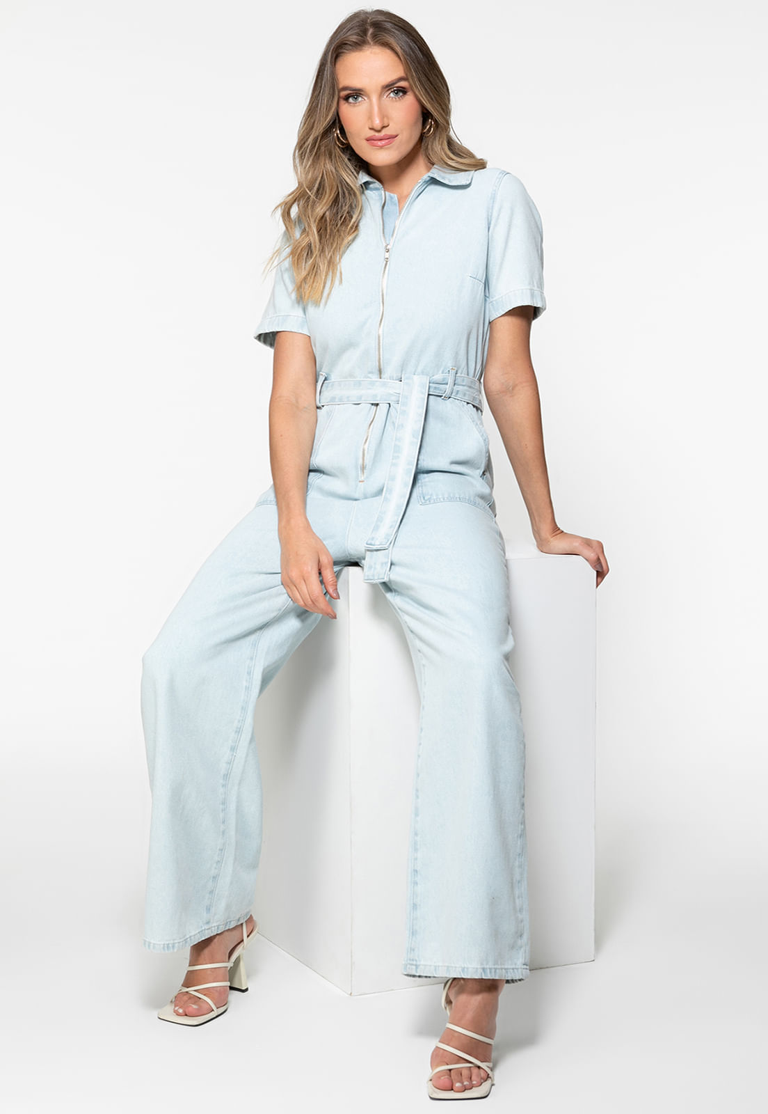 Macacão Jeans Wide Leg Azul Claro - Imagem 5