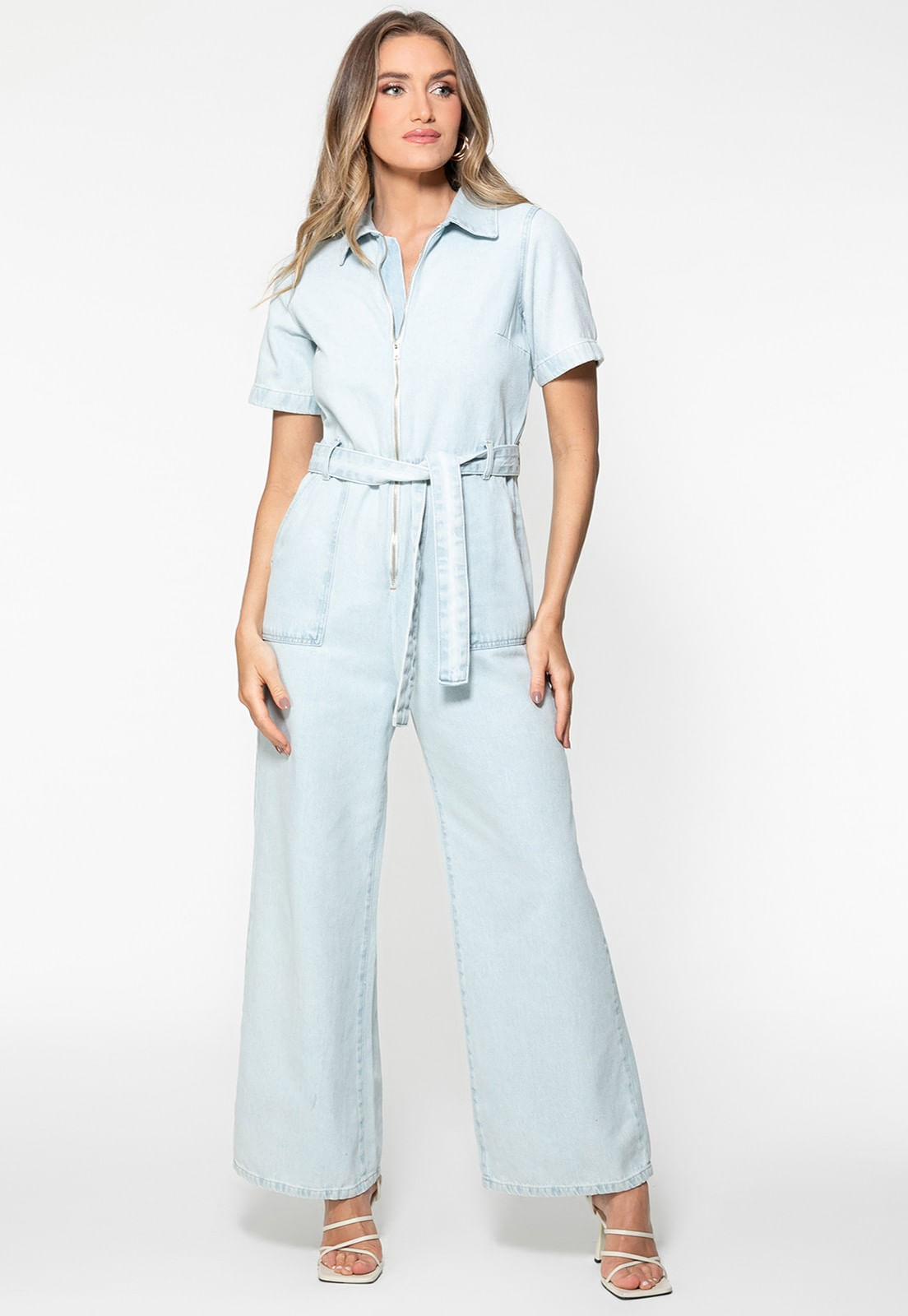 Macacão Jeans Wide Leg Azul Claro - Imagem 51