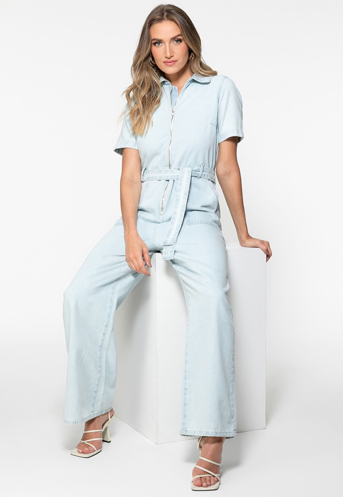 Macacão Jeans Wide Leg Azul Claro - Imagem 54