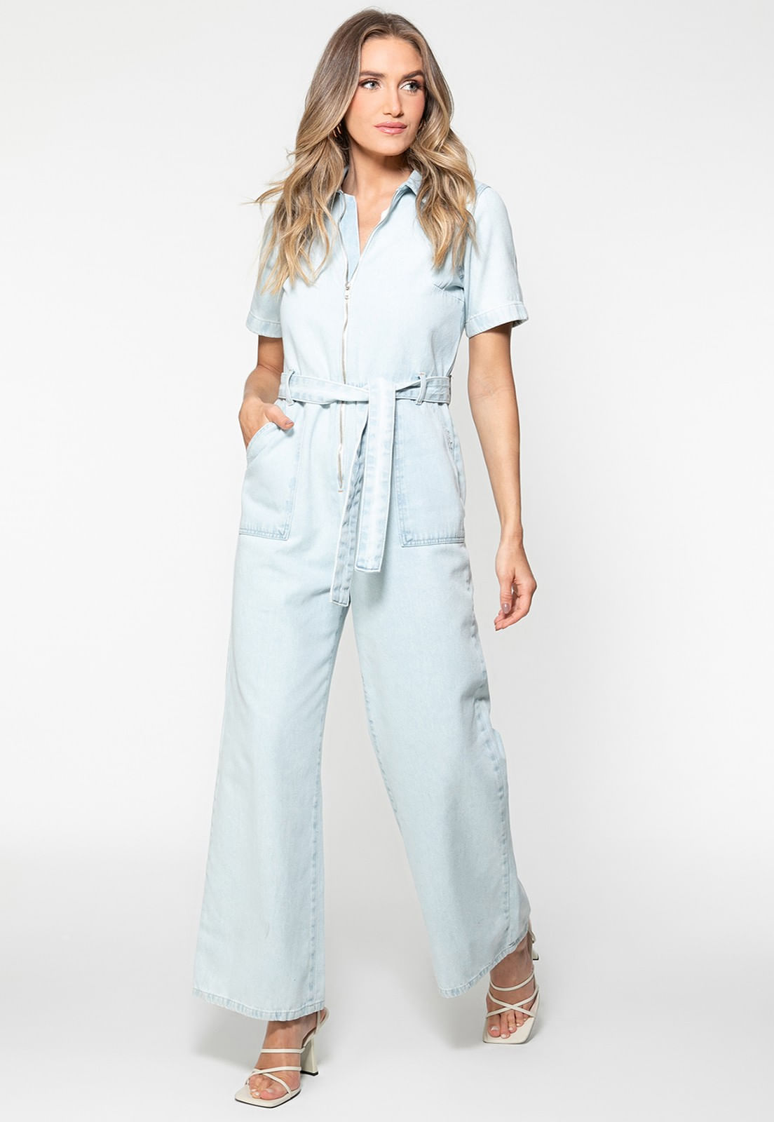 Macacão Jeans Wide Leg Azul Claro - Imagem 78