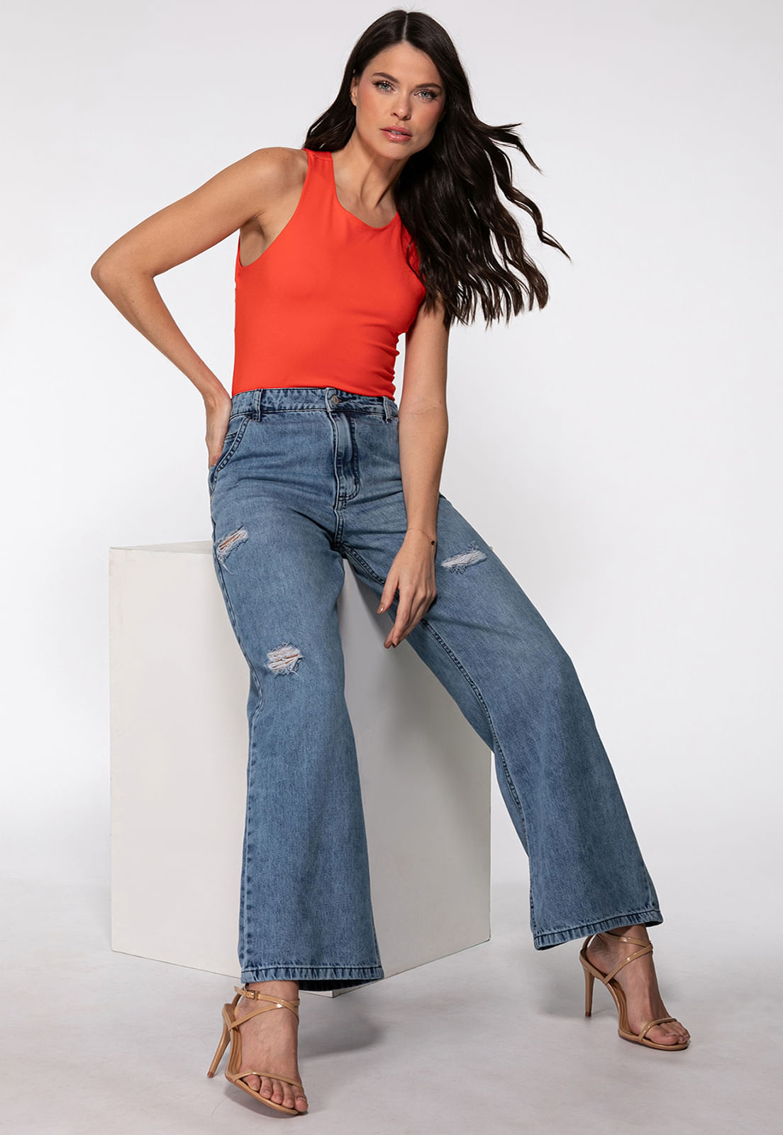 Calça Jeans Wide Leg Puídos Azul - Imagem 27