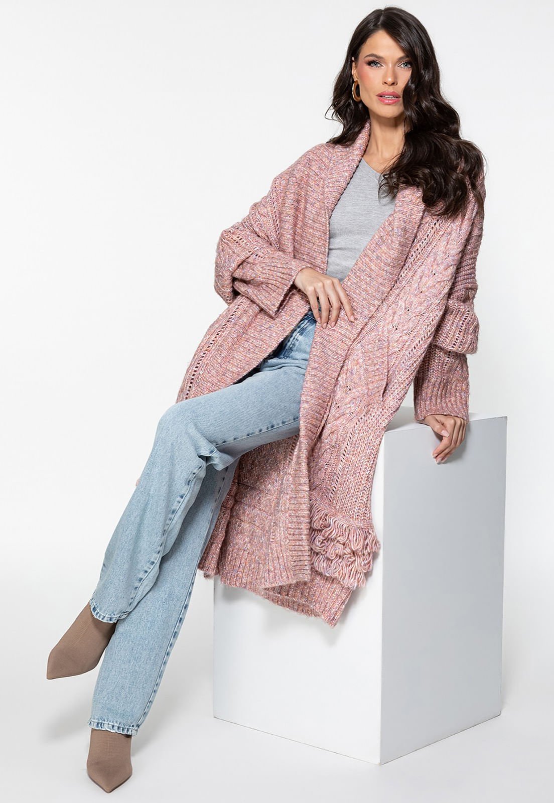 Cardigan de Tricot Longo Rosa Claro - Imagem 4