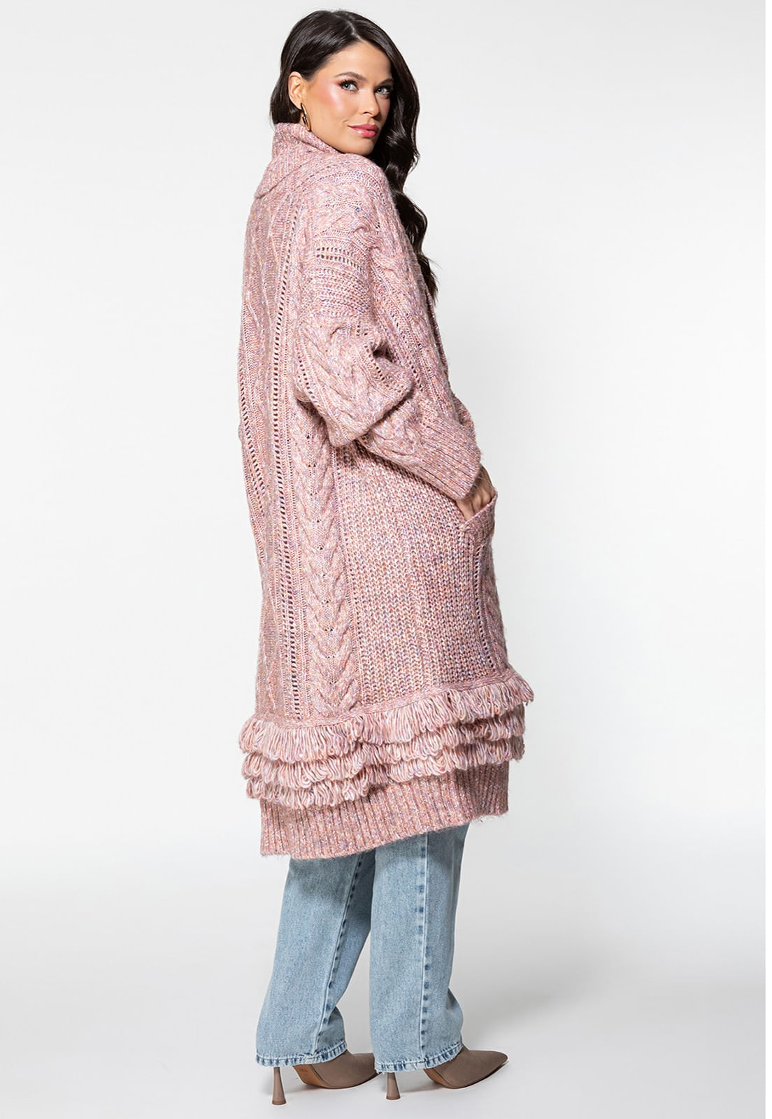 Cardigan de Tricot Longo Rosa Claro - Imagem 11